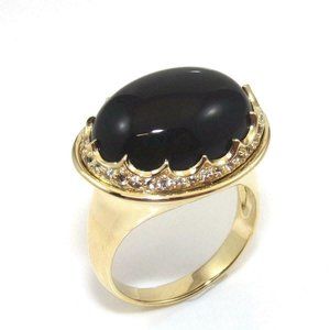14K Yellow Gold Black Onyx White Topaz Dome Halo Cocktail Ring Size 10